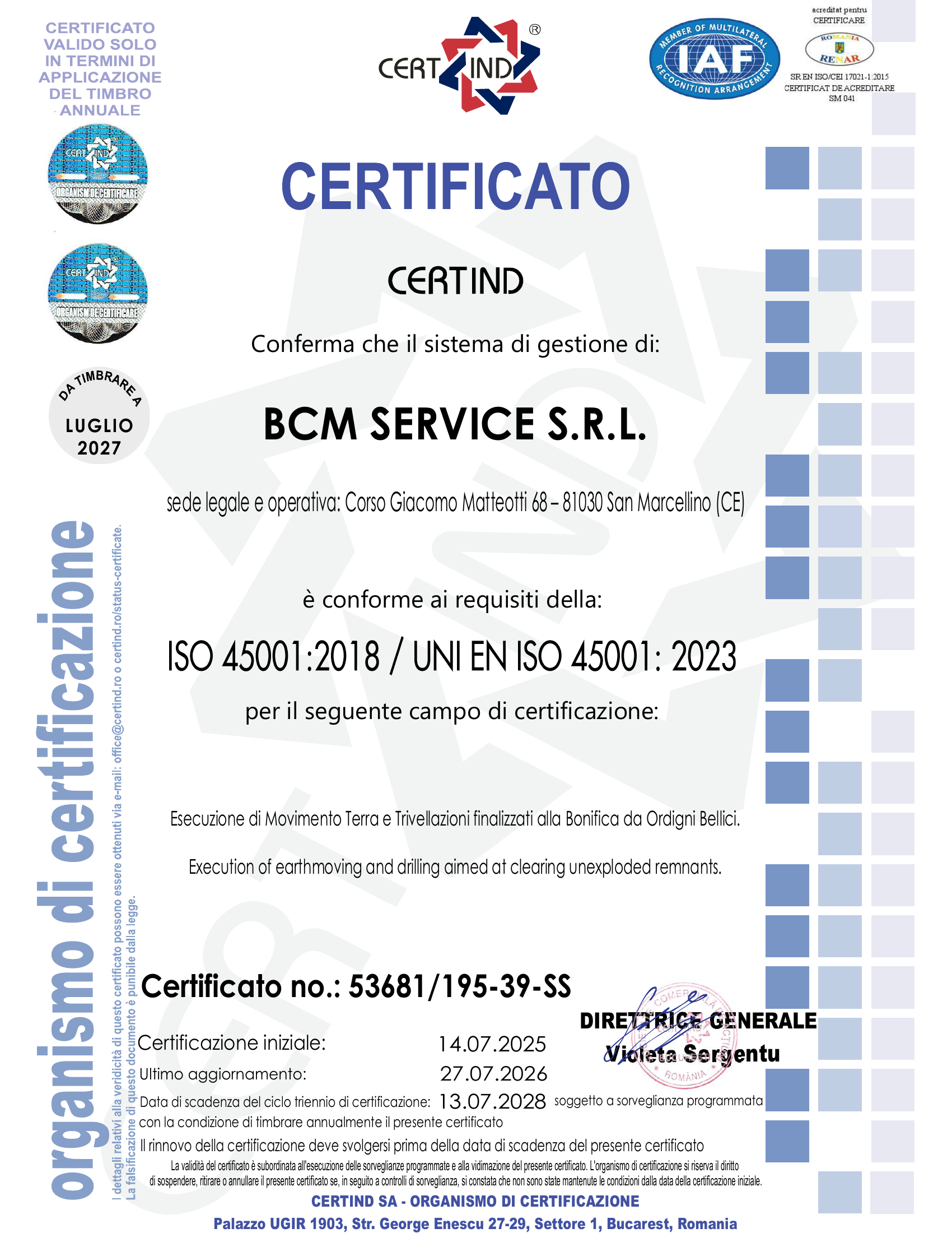 Certificato ISO 45001:2018 n° 53681/195-39-SS — BCM Service S.r.l.