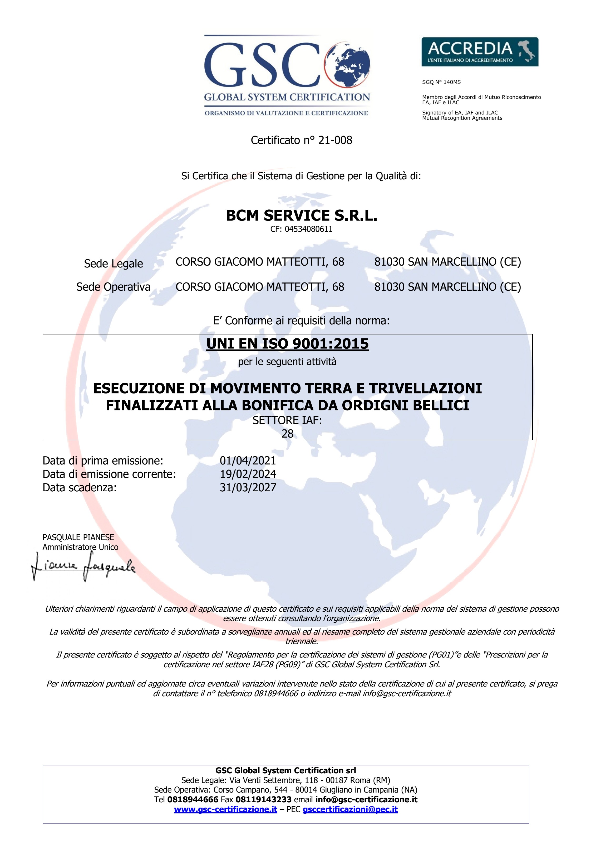 Certificato UNI EN ISO 9001:2015 n° 21-008 — BCM Service S.r.l.