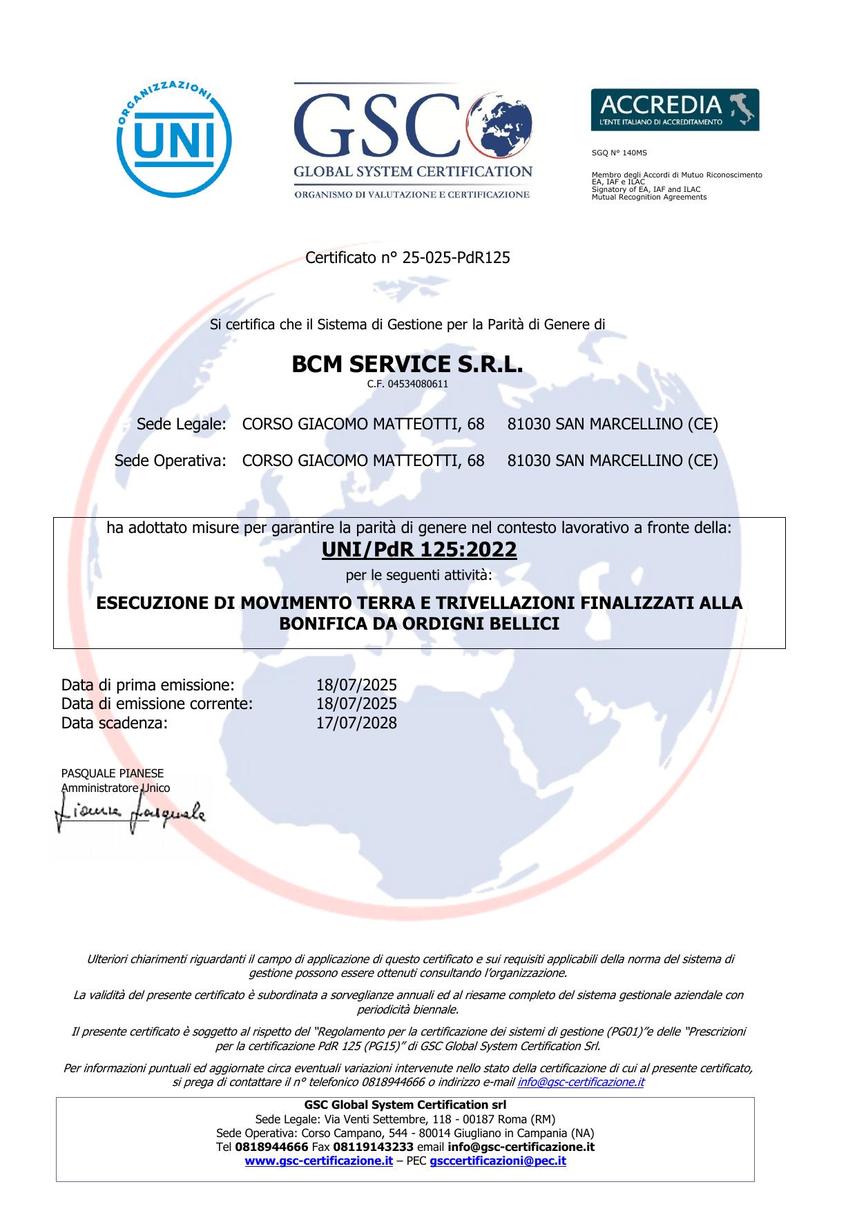 Certificato UNI/PdR 125:2022 n° 25-025-PdR125 — BCM Service S.r.l.