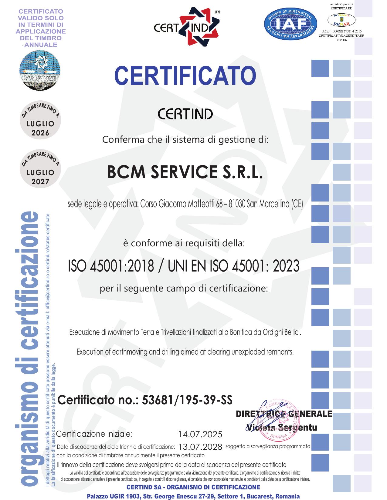 Certificato ISO 45001:2018 n° 53681/195-39-SS — BCM Service S.r.l.